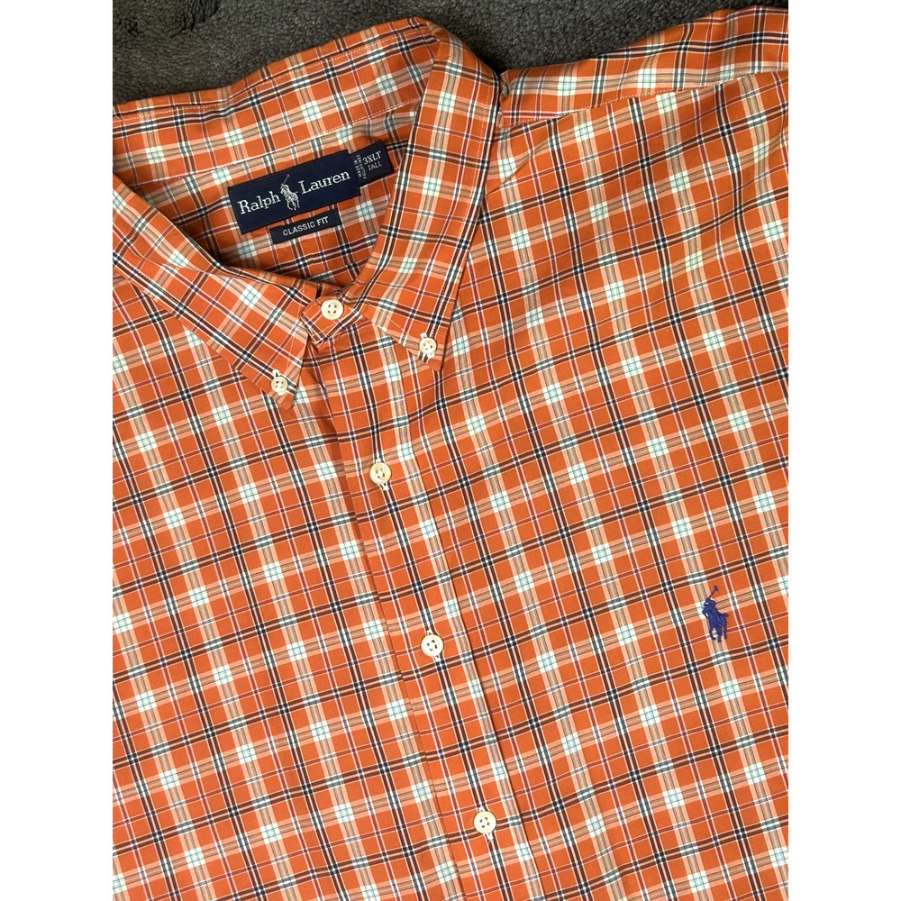 Ralph Lauren Men's 3XLT Cotton Orange Blue Plaid Long Sleeve Button Down Shirt